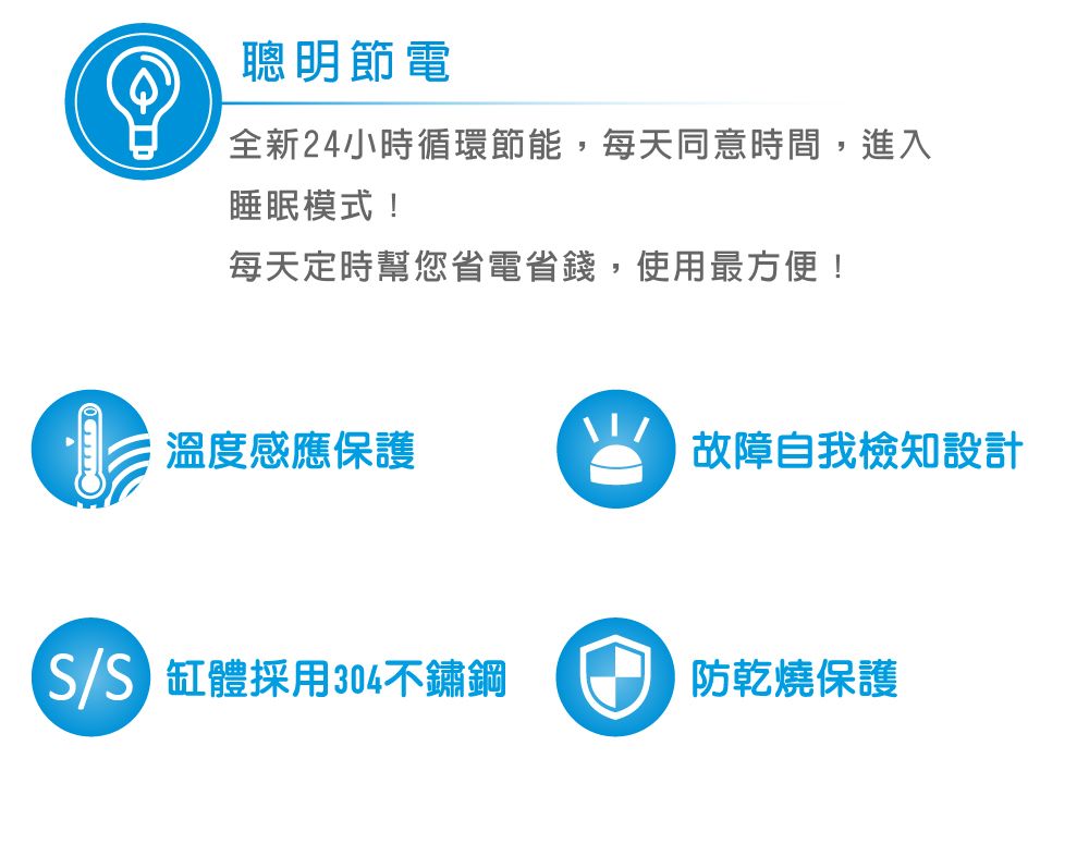 聰明節電全新24小時循環節能,每天同意時間,進入睡眠模式!每天定時幫您省電省錢,使用最方便!溫度感應保護故障自我檢知設計 缸體採用304不鏽鋼防乾燒保護