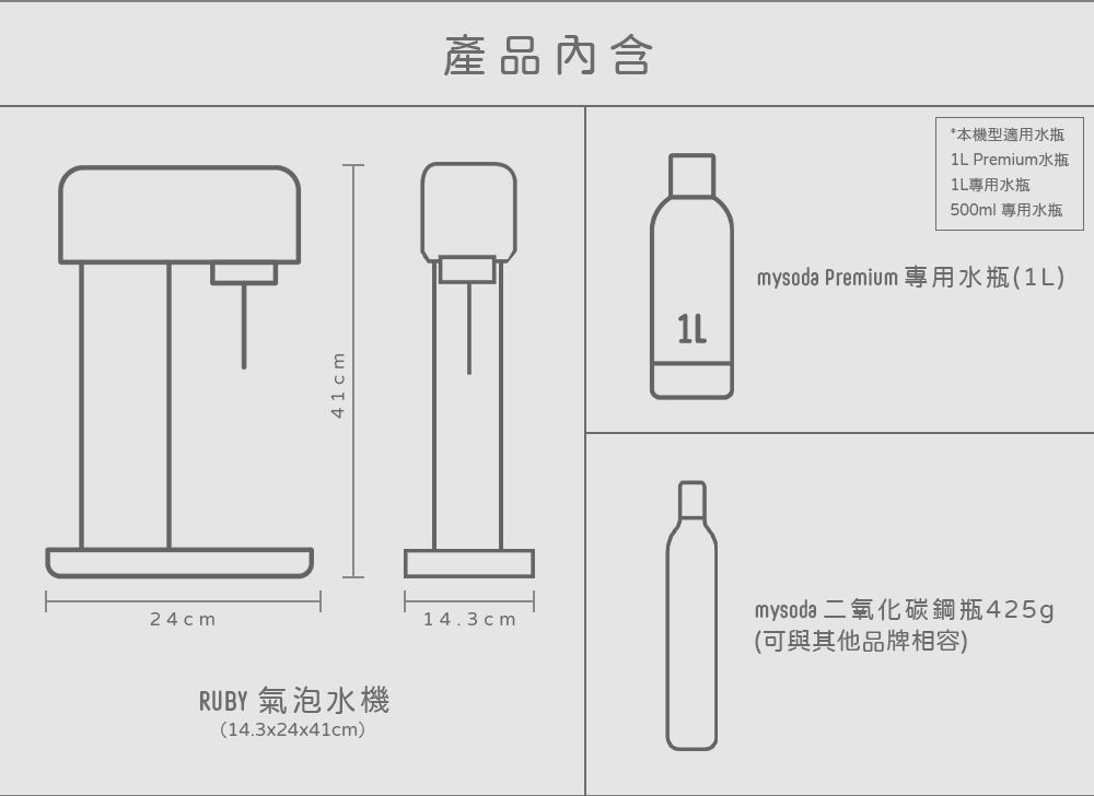 24cm41cmRUBY 氣泡水機(14.3x24x41cm)產品內含*本機型適用水瓶 Premium水瓶1L專用水瓶500ml 專用水瓶1Lmysoda Premium 專用水瓶(1L)14.3cmmysoda 二氧化碳鋼瓶425g(可與其他品牌相容)