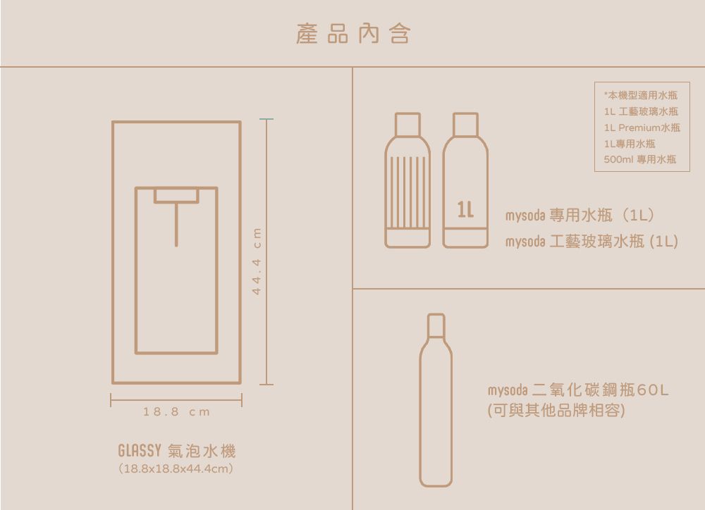 44.4 cm產品內含*本機型適用水瓶1L 工藝玻璃水瓶1L Premium水瓶1L專用水瓶500ml 專用水瓶mysoda 專用水瓶(1L)mysoda 工藝玻璃水瓶(1L)18.8 cmGLASSY 氣泡水機(18.8x18.8x44.4cm)mysoda 二氧化碳鋼瓶60L(可與其他品牌相容)