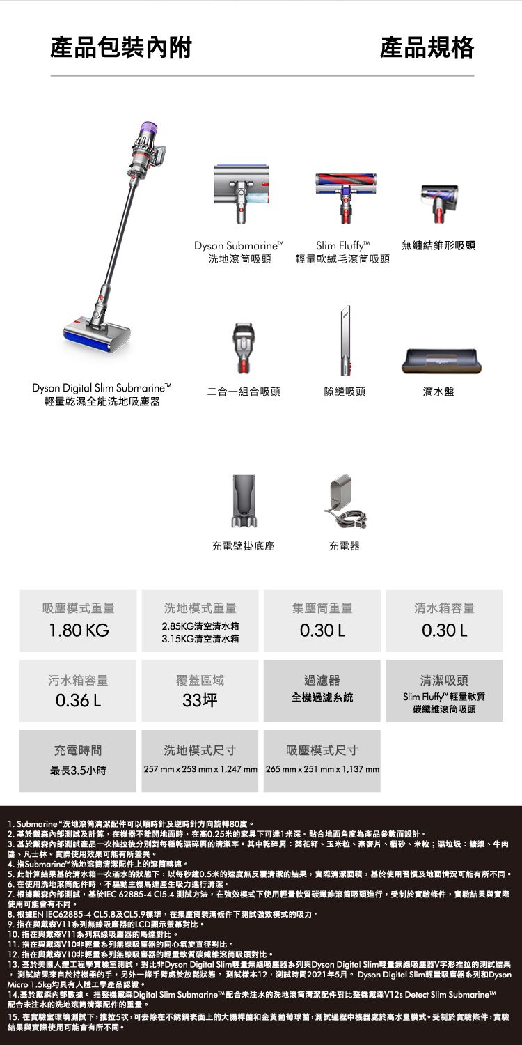 產品包裝內附產品規格Slim FluffymDyson Submarine滾筒吸頭無纏結錐形吸頭輕量軟絨毛滾筒吸頭Dyson Digital Slim Submarine二合一組合吸頭隙縫吸頭滴水盤輕量乾濕全能洗地吸塵器充電壁掛底座充電器吸塵重量洗地模式重量集塵筒重量容量1.80 KG2.85KG清空清水箱0.30 L0.30 L3.15KG清空清水箱污水箱容量0.36 L覆蓋區域33坪過濾器全機過濾系統清潔吸頭Slim Fluffy輕量軟質碳纖維滾筒吸頭充電時間洗地模式吸塵模式尺寸最長3.5小時257mmx253mmx1247mm 265mmx251 mmx1,137mm1. Submarine洗地滾筒清潔配件可以順時針逆時針方向旋轉80度。2. 基於戴森內部測試及計算,在機器不離開地面時,在高0.25米的家具下可達1米深。貼合地面角度為產品參數而設計。3. 基於戴森內部測試產品一次推拉後分別對每種乾濕碎屑的清潔。其中乾碎屑葵花籽、玉米粒、燕麥片、貓砂、米粒;濕垃圾:糖漿、牛肉醬、凡士林。實際使用效果可能有所差異。4. 指Submarine™洗地滾筒清潔配件上的滾筒轉速。5. 此計算結果基於清水箱一次滿水的狀態下,以0.5米的速度無反覆清潔的結果,實際清潔面積,基於使用習慣及地面情況可能有所不同。6. 在使用洗地滾筒配件時,不驅動主機馬達產生吸力進行清潔。7. 根據戴森內部測試,基於IEC 62885-4  測試方法,在強效模式下使用輕量軟質碳纖維滾筒吸頭進行,受制於實驗條件,實驗結果與實際使用可能會有不同。8. 根據EN IEC62885-4 CL5.8及CL5.9標準,在集塵筒裝滿條件下測試強效模式的吸力。9. 指在與戴森系列無線吸塵器的LCD顯示螢幕對比。10. 指在與戴森V11系列無線吸塵器的馬達對比。11. 指在與戴森輕量系列無線吸塵器的同心氣旋直徑對比。12. 指在與戴森V10輕量系列無線吸塵器的輕量軟質碳纖維滾筒吸頭對比。13. 基於美國人體工程學實驗室測試,對比非Dyson Digital Slim輕量無線吸塵器系列與Dyson Digital Slim輕量無線吸塵器V字形推拉的測試結果,測試結果來自於持機器的手,另外一條手臂處於放鬆狀態。 測試樣本12,測試時間2021年5月。 Dyson Digital Slim輕量吸塵器系列和DysonMicro 1.5kg均具有人體工學產品認證。14.基於戴森內部數據。指整機戴森Digital Slim Submarine™配合未注水的洗地滾筒清潔配件對比整機戴森V12s Detect Slim 配合未注水的洗地滾筒清潔配件的重量。15. 在實驗室環境測試下,推拉5次,可去除在不銹鋼表面上的大腸桿菌和金黃葡萄球菌,測試過程中機器處於高水量模式。受制於實驗條件,實驗結果與實際使用可能會有所不同。