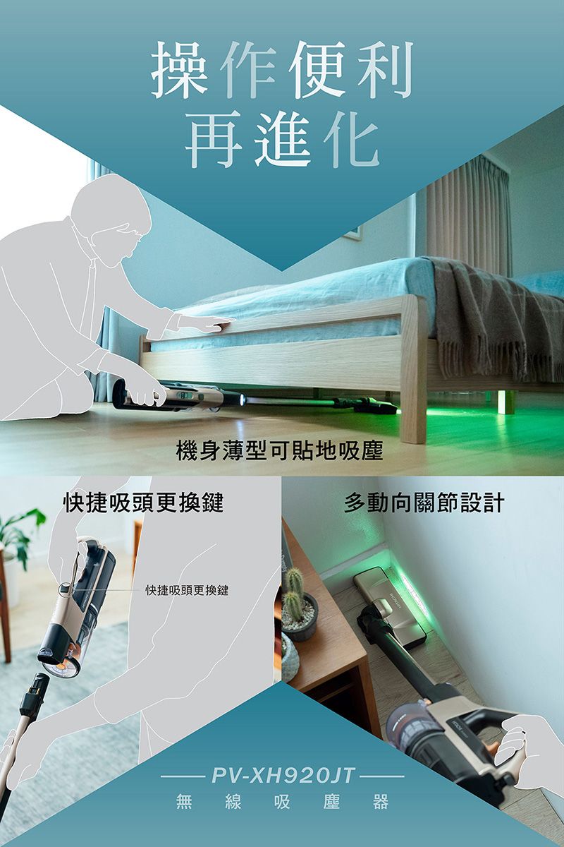 操作便利再進化機身薄型可貼地吸塵快捷吸頭更換鍵快捷吸頭更換鍵多動向關節設計PV-XH920JT-無 線吸塵 器