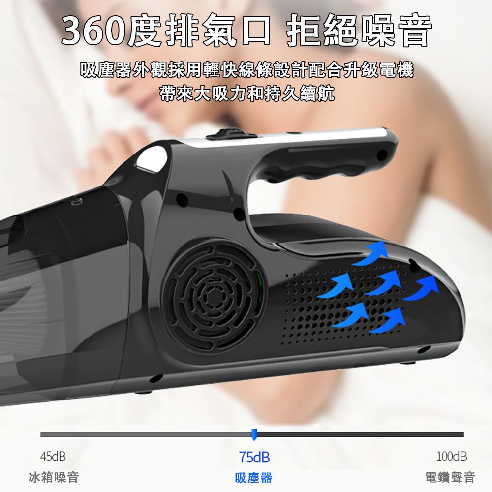 360度排氣口 拒絕噪音吸塵器外觀採用輕快線條設計配合升級電機帶來大吸力和持久續航45dB75dB冰箱噪音吸塵器100dB電鑽聲音