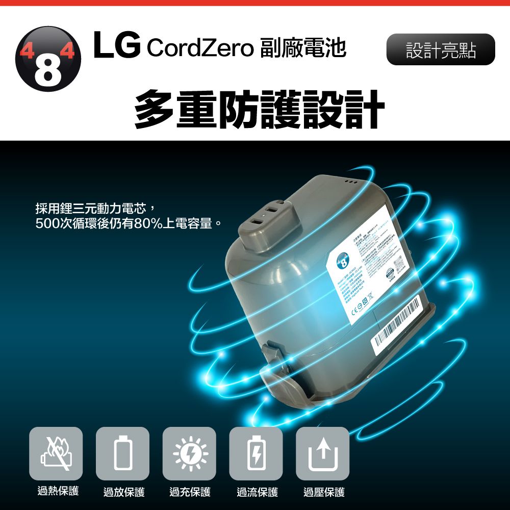 8 LG CordZero 副廠電池設計亮點採用鋰三元動力電芯多重防護設計500次循環後仍有80%上電容量。過熱保護過放保護 過充保護過流保護 過壓保護8