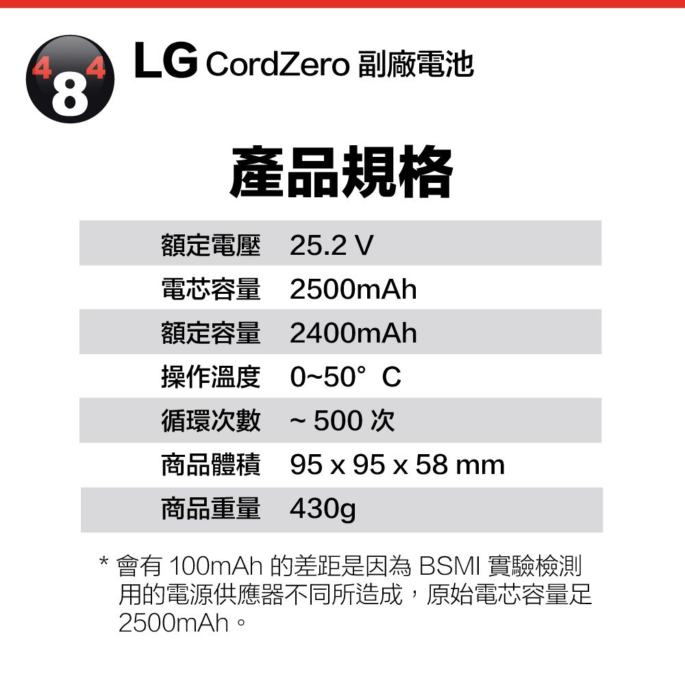 8 LG CordZero 副廠電池產品規格額定電壓25.2 V電芯容量2500mAh額定容量2400mAh操作溫度0~50°C循環次數 ~ 500 次商品體積 95 x 95 x 58 mm商品重量 430g會有 100mAh 的差距是因為 BSMI 實驗檢測用的電源供應器不同所造成,原始電芯容量足2500mAh。