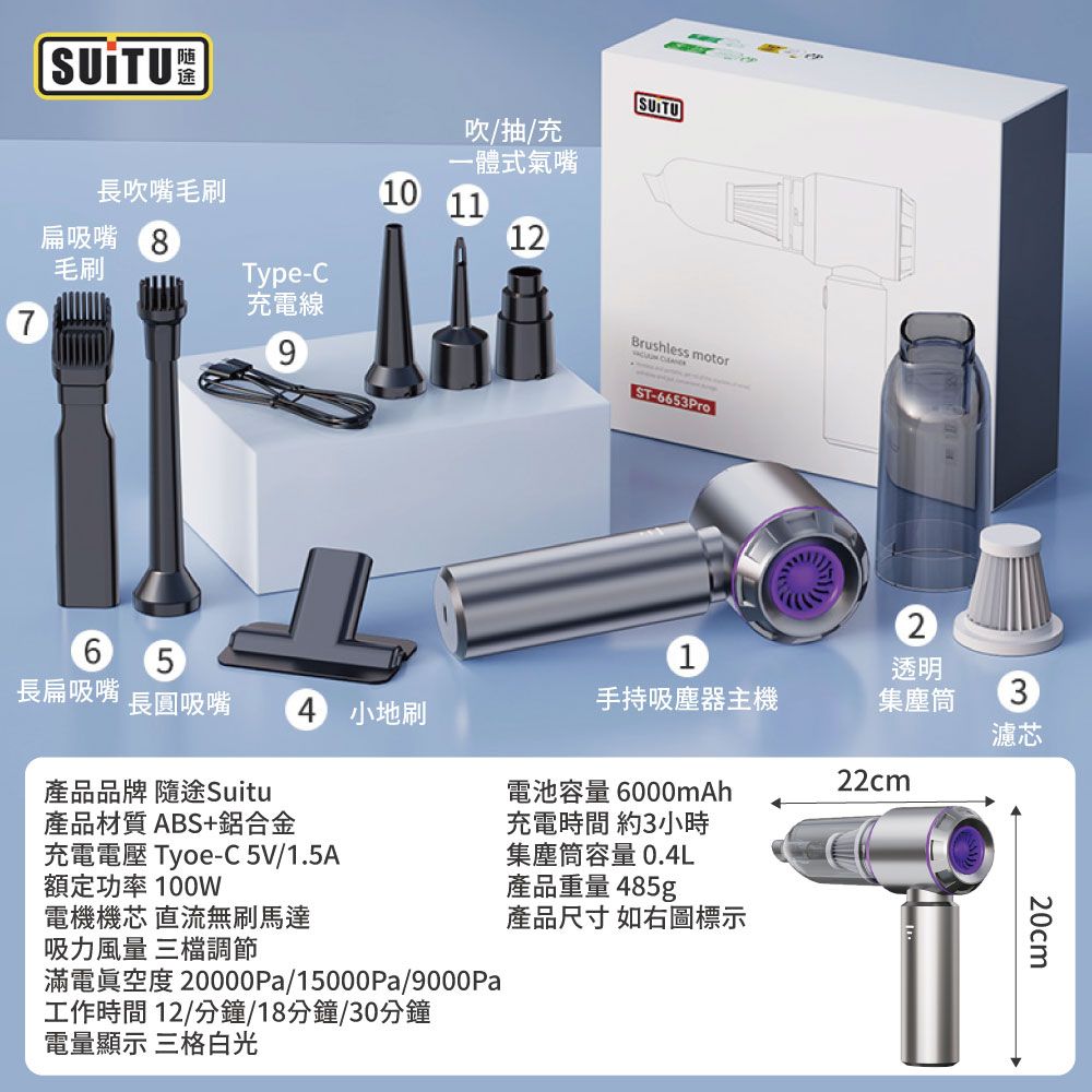 SUiTU 無刷電機Plus款 USB充電 強勁吸力款 車用吸塵器 隨途品牌