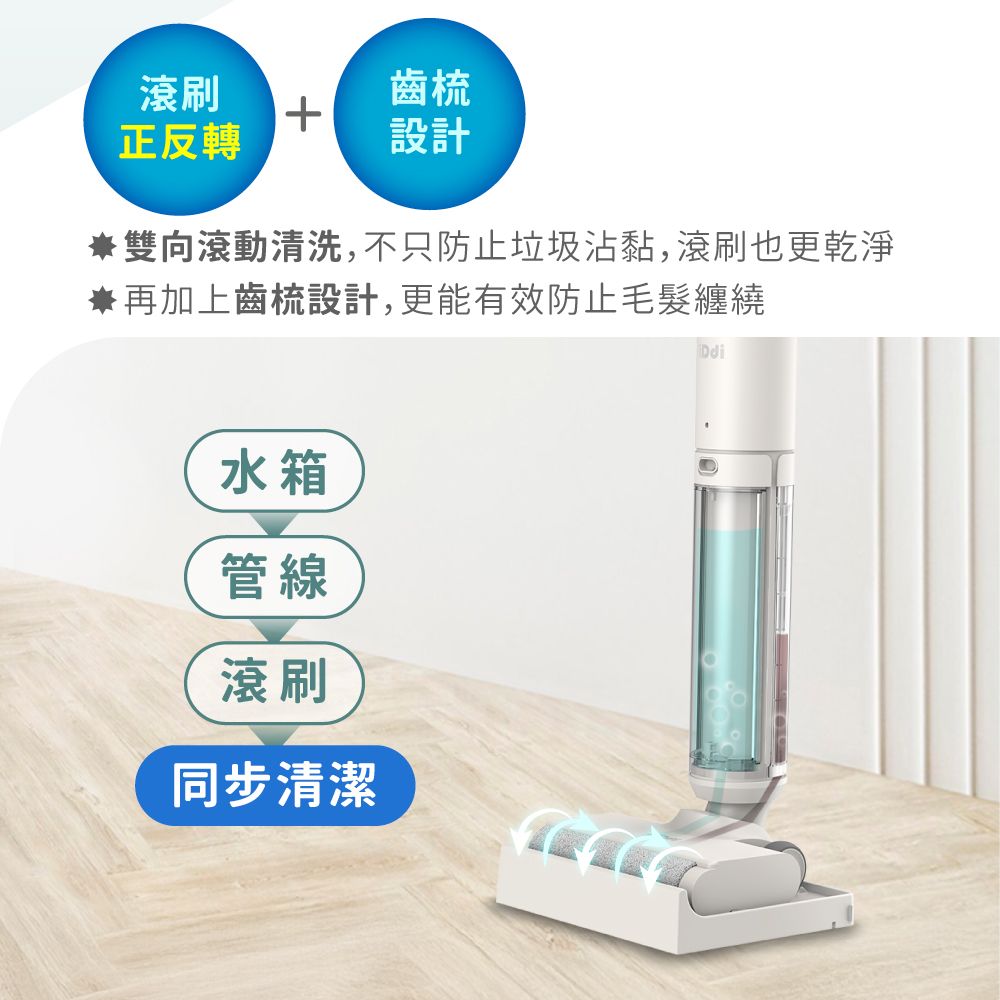 滾刷齒梳正反轉設計雙向滾動清洗,不只防止垃圾沾黏,滾刷也更乾淨再加上齒梳設計,更能有效防止毛髮纏繞水箱管線滾刷同步清潔