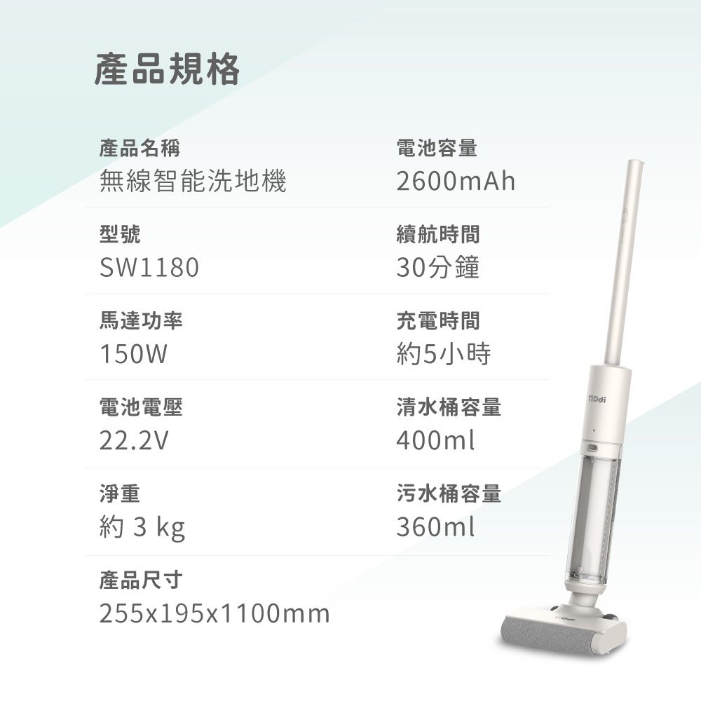 產品規格產品名稱無線智能洗地機型號SW1180馬達功率150W電池電壓22.2V淨重約 3 kg產品尺寸255x195x1100mm電池容量2600mAh續航時間30分鐘充電時間約5小時清水桶容量400ml污水桶容量360ml