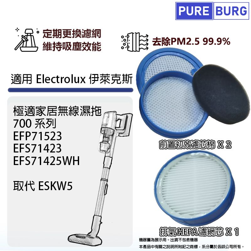 PUREBURG 適用Electrolux伊萊克斯極適家居700系列無線濕拖EFP71523 EFS71423 EFS71425WH HEPA濾網濾棉 #ESKW5