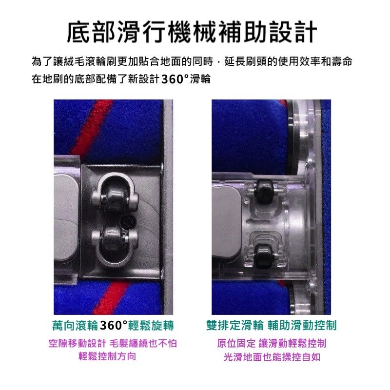 底部滑行機械補助設計為了讓絨毛滾輪刷更加貼合地面的同時,延長刷頭的使用效率和壽命在地刷的底部配備了新設計360°滑輪萬向滾輪360°輕鬆旋轉雙排定滑輪 輔助滑動控制空隙移動設計 毛髮纏繞也不怕輕鬆控制方向原位固定 讓滑動輕鬆控制光滑地面也能操控自如