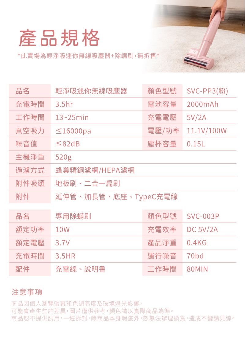 產品規格*此賣場為輕淨吸迷你無線吸塵器+除螨刷,無拆售*品名輕淨吸迷你無線吸塵器顏色型號SVC-PP3(粉)充電時間3.5hr電池容量2000mAh工作時間13~25min充電電壓5V/2A真空吸力≤16000pa電壓/功率噪音值≤82dB11.1V/100W塵杯容量 0.15L主機淨重520gp過濾方式蜂巢精鋼濾網/HEPA濾網附件吸頭地板刷、二合一刷附件延伸管、加長管、底座、TypeC充電線品名專用除螨刷顏色型號SVC-003P額定功率10W充電效率DC 5V/2A額定電壓3.7V產品淨重0.4KG充電時間3.5HR運行噪音70bd配件充電線、說明書工作時間80MIN注意事項商品因個人瀏覽螢幕和色調亮度及環境燈光影響,可能會產生些許差異,圖片僅供參考,顏色請以實際商品為準。商品恕不提供試用,一經拆封,除商品本身瑕疵外,恕無法辦理換貨,造成不變請見諒。