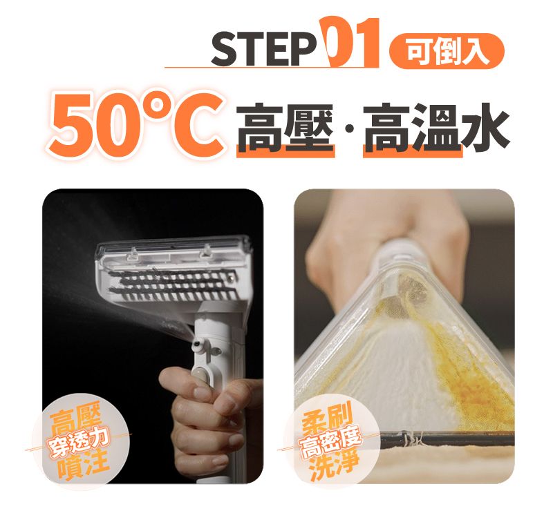 STEP01 可倒入50℃ 高壓·高溫水高壓穿透力噴注柔刷高密度洗淨