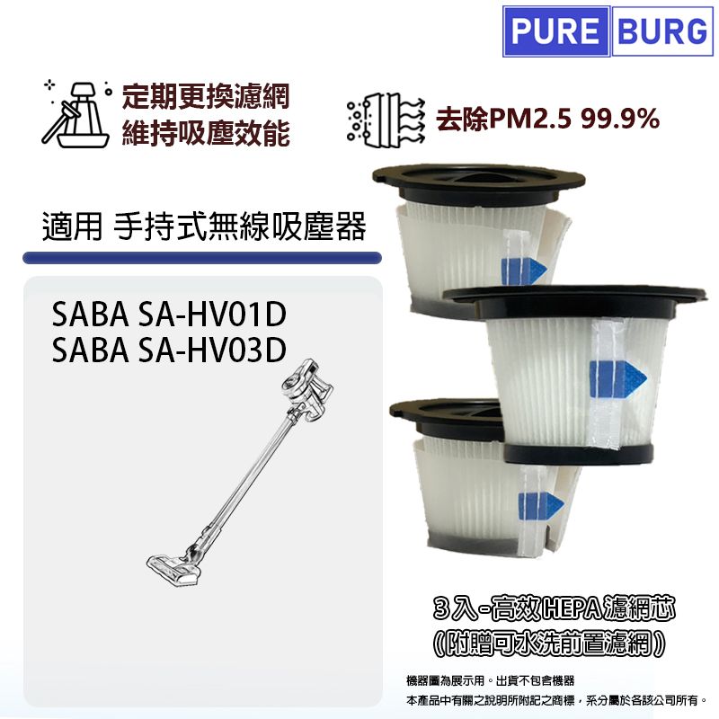  3入組 - 適用SABA SA-HV01D SA-HV03D無線塵蟎吸塵器HEPA濾網 (附贈前置初效濾網)