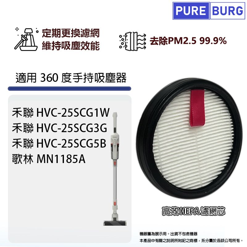 PUREBURG 適用Heran禾聯HVC-25SCG1W HVC-25SCG3G HVC-25SCG5B 歌林 Kolin MN1185A無線吸塵器高效HEPA濾網濾芯