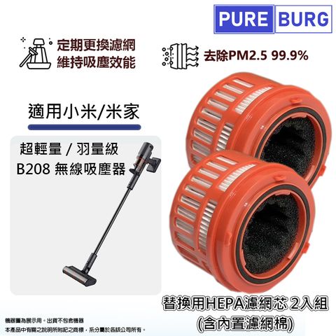 PUREBURG 適用Mi/小米/米家B208 輕羽/羽量級/超輕量無線吸塵器高效HEPA濾網濾芯含中間過濾棉 (2入組)