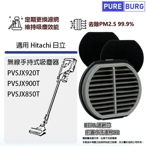 PUREBURG 適用Hitachi日立手持無線吸塵器PVSJX920T PVSJX900T PVSJX850T HEPA濾網芯+前置濾棉