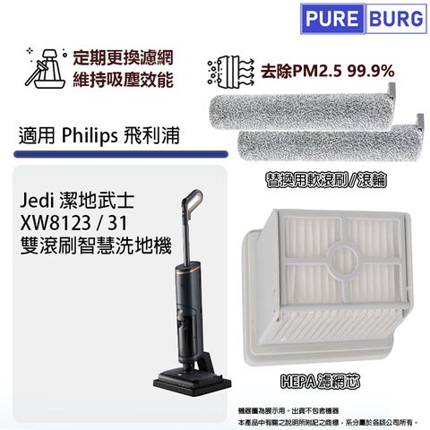 PUREBURG 適用Philips 飛利浦Jedi 潔地武士 XW8123/31雙滾刷智慧洗地機拖地機HEPA濾網濾芯軟毛刷滾刷滾輪