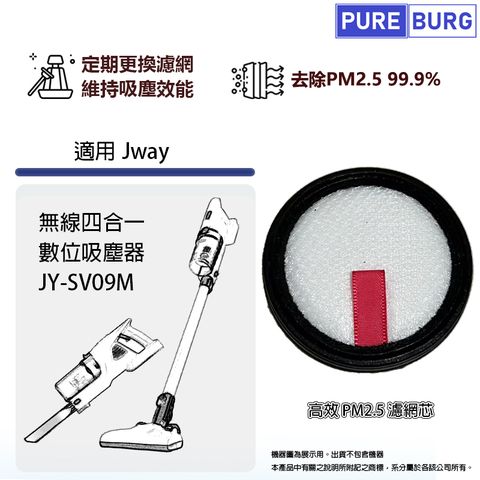 PUREBURG 適用Jway 無線四合一數位吸塵器 JY-SV09M高效PM2.5濾網濾芯