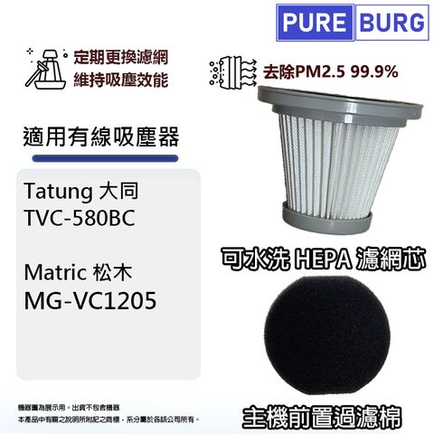 PUREBURG 適用Tatung大同TVC-580BC Matric 松木MG-VC1205手持直立式吸塵器PM2.5 HEPA濾網+前置濾棉