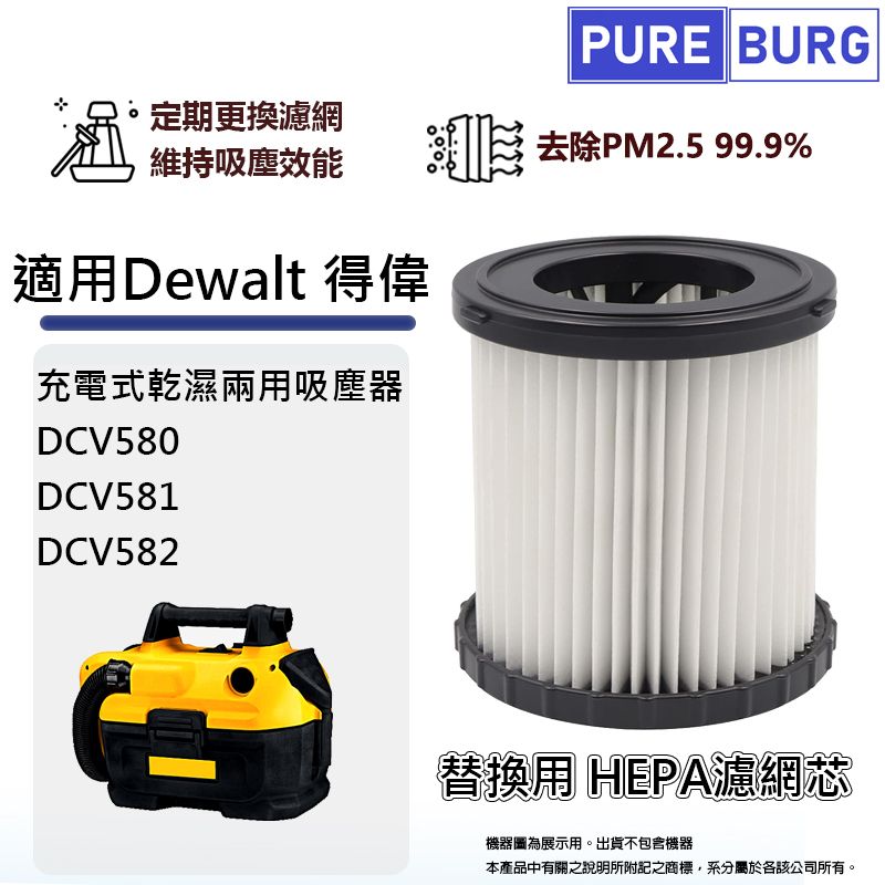 PUREBURG 適用Dewalt得偉DCV580 DCV581 DCV582鋰電乾濕兩用吸塵器微塵PM2.5 HEPA濾網濾芯