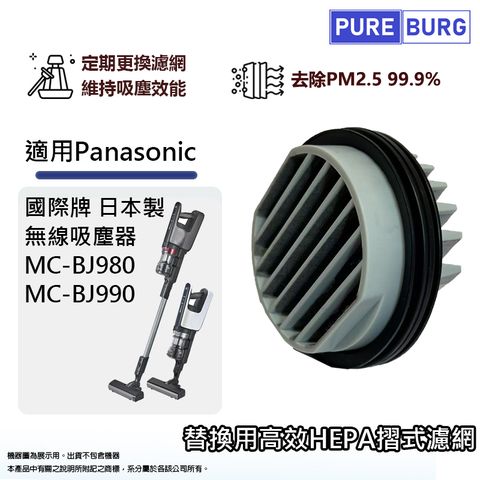 PUREBURG 適用Panasonic國際牌日本製無線吸塵器MC-BJ980 MC-BJ990高效HEPA摺式濾網濾芯