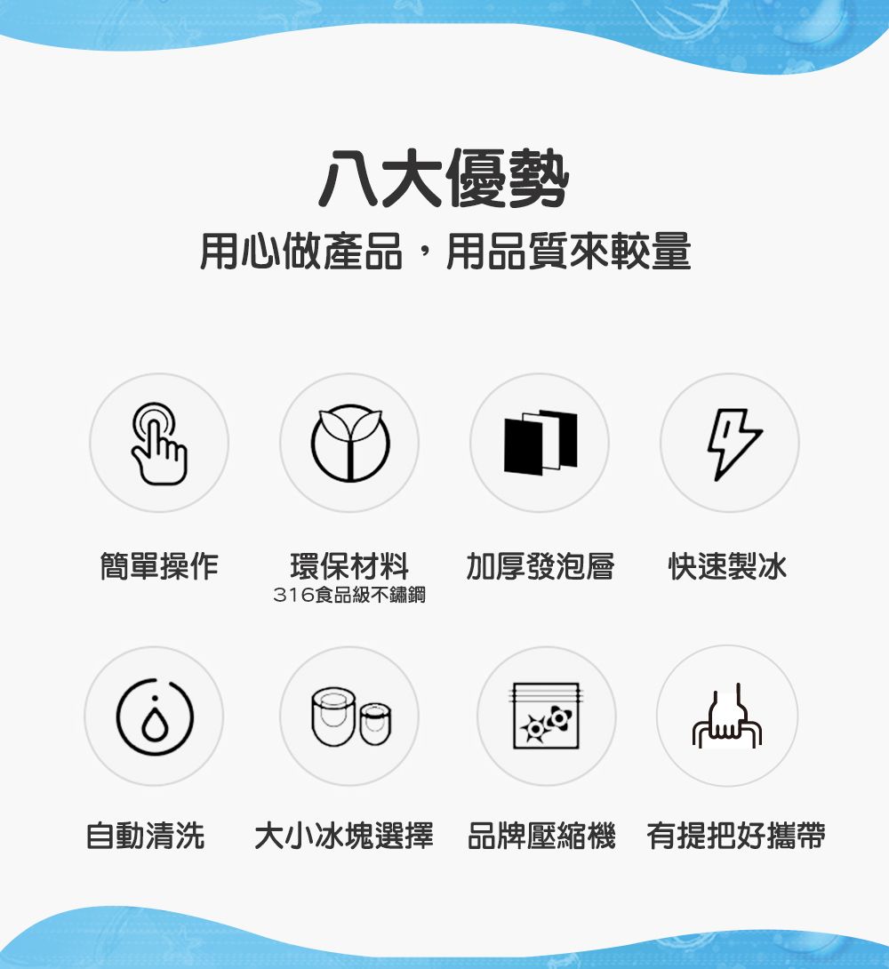 八大優勢用心做產品,用品質來較量簡單操作環保材料316食品級不鏽鋼加厚發泡層快速製冰自動清洗大小冰塊選擇 品牌壓縮機 有提把好攜帶