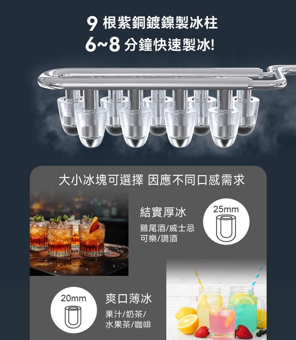 紫銅鍍鎳製冰柱6~8分鐘快速製冰!大小冰塊可選擇 因應不同口感需求結實厚冰雞尾酒/25mm可樂/調酒20mm爽口薄冰果汁/奶茶/水果茶/咖啡