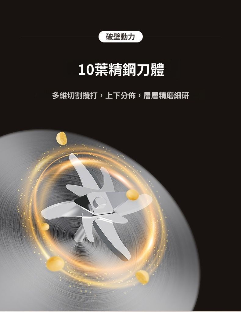 破壁動力10葉精鋼刀體多維切割攪打,上下分佈,層層精磨細研