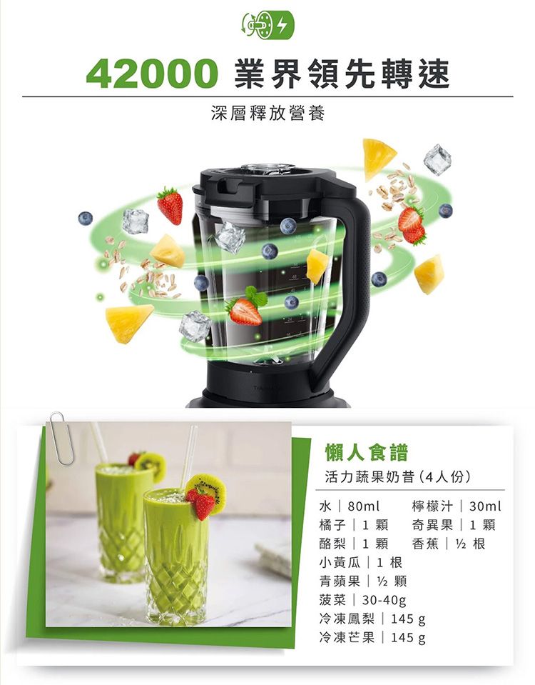 42000 業界領先轉速深層釋放營養懶人食譜活力蔬果奶昔(4人份)  80ml檸檬汁 30ml橘子 1 酪梨 1 顆小黃瓜1 根青蘋果  顆菠菜  30-40g奇異果 1 顆香蕉|根冷凍鳳梨 | 145 g冷凍芒果 | 145g