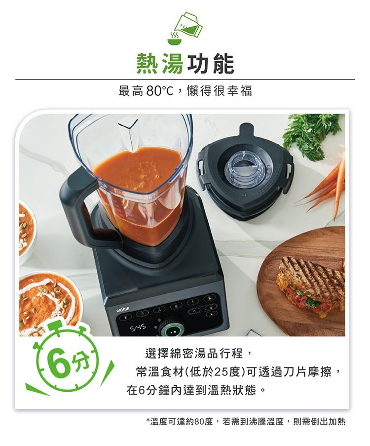 熱湯功能最高80℃,懶得很幸福6分選擇綿密湯品行程,常溫食材(低於25度)可透過刀片摩擦,在6分鐘達到溫熱狀態。*溫度可達約80度,若需到沸騰溫度,則需倒出加熱