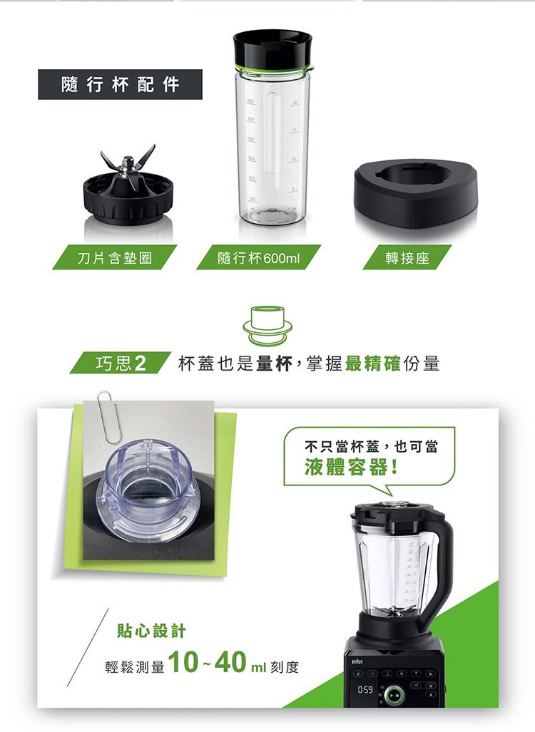 隨行杯配件刀片含墊圈隨行杯600ml轉接座巧思2杯蓋也是量杯,掌握最精確份量貼心設計輕鬆測量 10-40 ml 刻度不只當杯蓋,也可當液體容器!059
