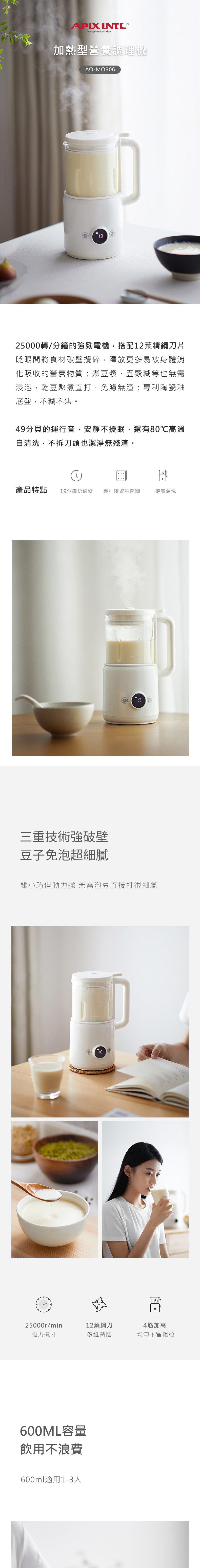 Design makes idea加熱型營養調理機AO-25000轉/分鐘的強勁電機,搭配12葉精鋼刀片眨眼間將食材破壁攪碎,釋放更多易被身體消化吸收的營養物質;煮豆漿、五穀糊等也無需浸泡,乾豆熬煮直打,免濾無渣;專利陶瓷釉底盤,不糊不焦49分貝的運行音,安靜不擾眠,還有80℃高溫自清洗,不拆刀頭也潔淨無殘渣。產品特點19分鐘快破壁專利陶瓷釉防糊一鍵高溫洗三重技術強破壁豆子免泡超細膩雖小巧但動力強 無需泡豆直接打很細膩25000r/min強力攪打600ML容量飲用不浪費600ml適用1-3人12葉鋼刀多維精磨。4筋加高均勻不留粗粒