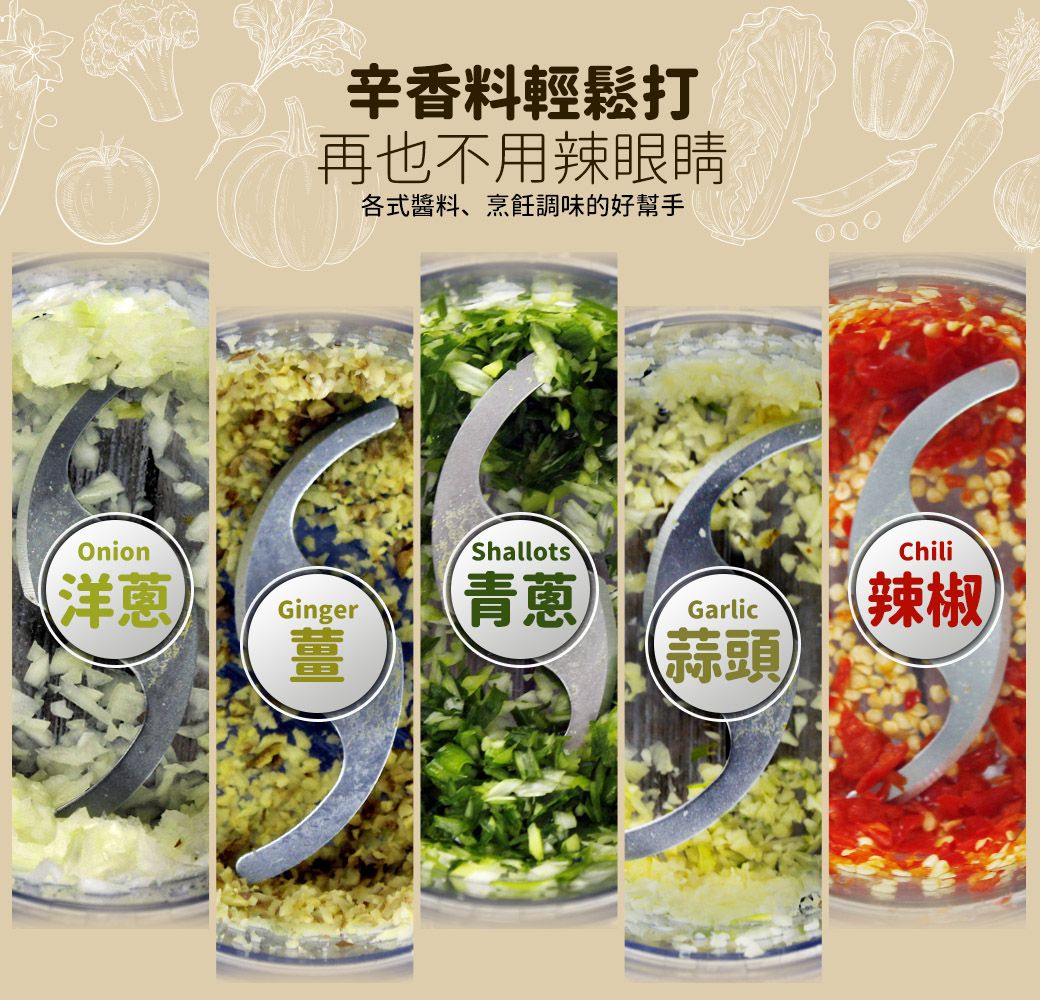 Onion辛香料輕鬆打再也不用辣眼睛各式醬料、烹飪調味的好幫手洋蔥Ginger薑Shallots青蔥Garlic蒜頭Chili辣椒