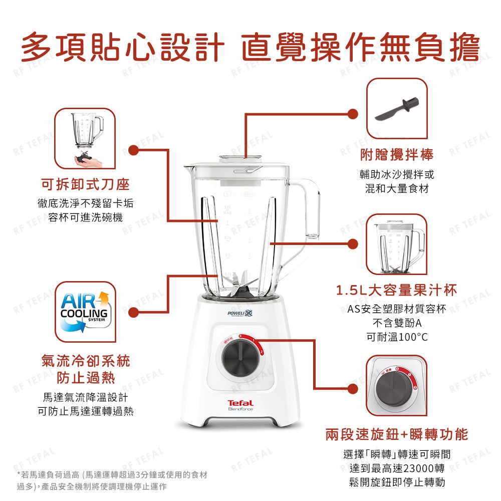 多項貼心設計 直覺操作無負擔   杯可進洗碗機徹底洗淨不殘留卡垢可拆卸式刀座 EFAL LRF TALRF AAIROOLINGSYSTEM氣流冷卻系統RF TEFAL防止過熱TEFALRF TEFAL馬達氣流降溫設計可防止馬達運轉過熱 TEFALRF TEFAL*若馬達負荷過高(馬達運轉超過3分鐘或使用的食材過多),產品安全機制將使調理機停止運作TefalRF TEFALRF TEFARF TEFRF TE附贈攪拌棒輔助冰沙攪拌或混和大量食材RF TEFAL1.5L大容量果汁杯AS安全塑膠材質容杯不含雙酚A可耐溫100°CRF TEFALRF TEFALRF TEFAL兩段速旋鈕+瞬轉功能選擇瞬轉轉速可瞬間達到最高速23000轉EFAL鬆開旋鈕即停止轉動