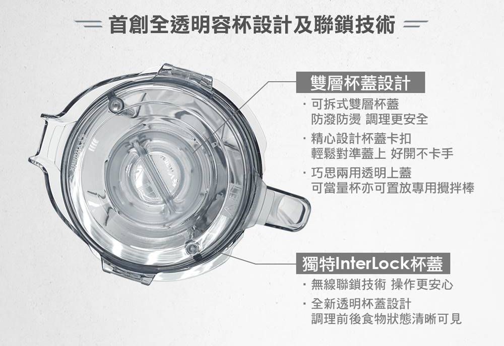 首創全透明容杯設計及聯鎖技術雙層杯蓋設計可拆式雙層杯蓋防潑防燙 調理更安全精心設計杯蓋卡扣輕鬆對準蓋上 好開不卡手巧思兩用透明上蓋可當量杯亦可置放專用攪拌棒獨特InterLock杯蓋無線聯鎖技術 操作更安心全新透明杯蓋設計調理前後食物狀態清晰可見