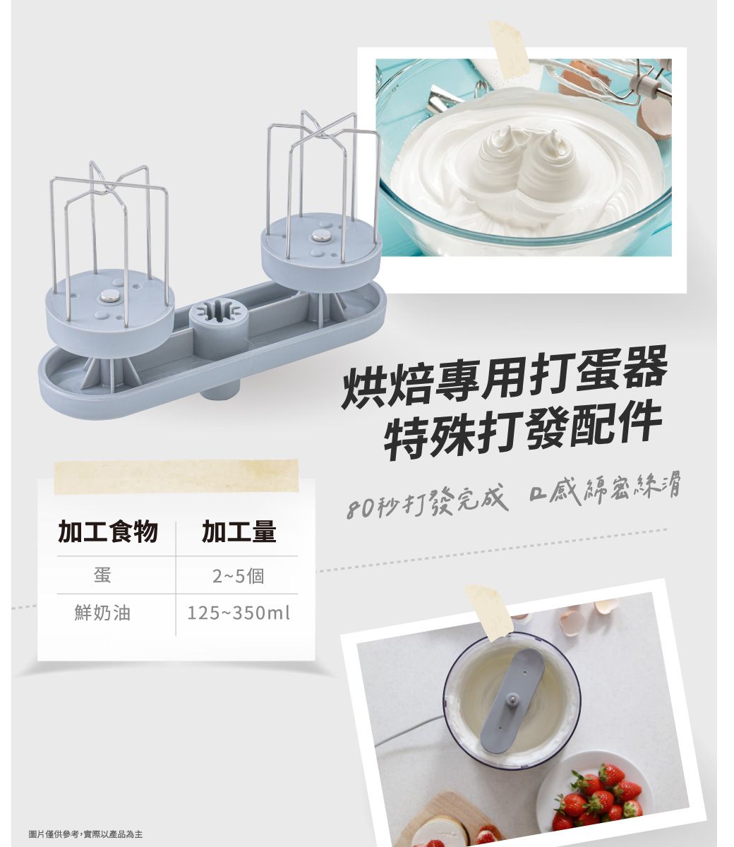 加工食物加工量蛋2~5個鮮奶油125~350ml圖片僅供參考,實際以產品為主烘焙專用打蛋器特殊打發配件80秒打發完成口感綿密絲滑