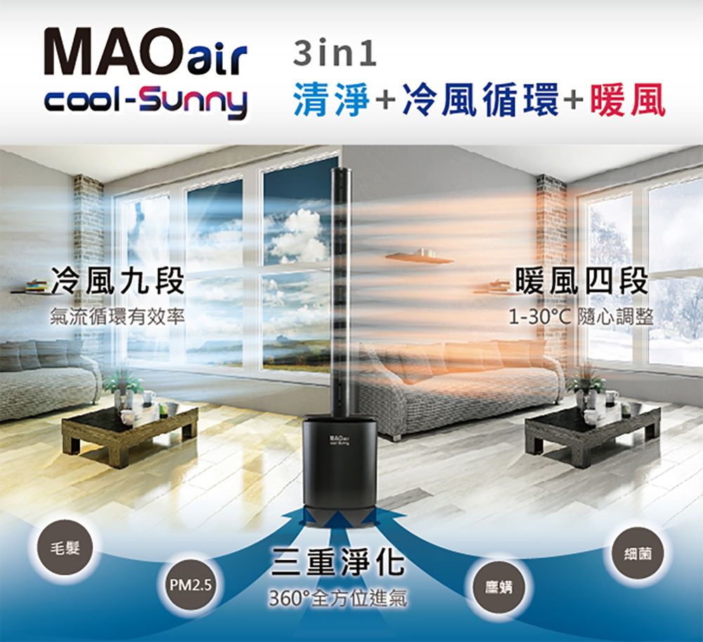 MAOair 3in1cool-Sunny 清淨+冷風循環+暖風冷風九段氣流循環有效率毛髮三重淨化PM2.5塵螨360°全方位進氣暖風四段1-30 隨心調整細菌