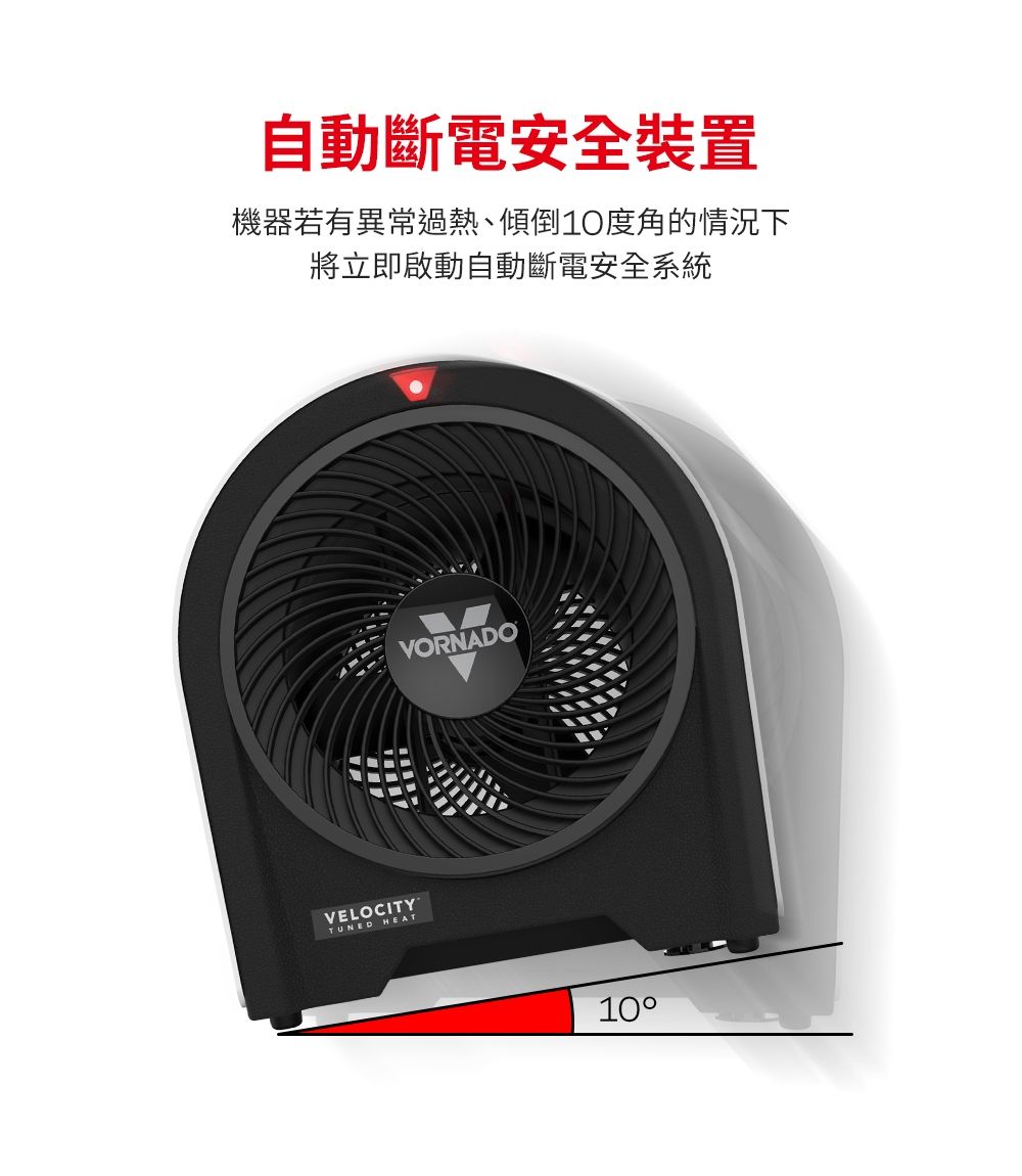 自動斷電安全裝置機器若有異常過熱、傾倒10度角的情況下將立即啟動自動斷電安全系統VELOCITYTUNED HEATVORNADO10