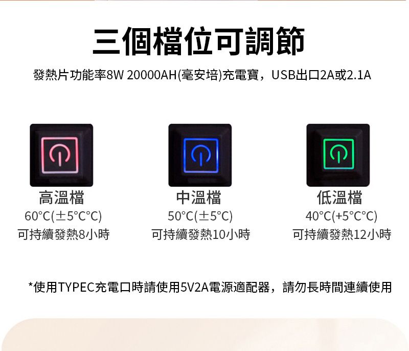 三個檔位可調節發熱片功能率8W 20000AH毫安培)充電寶,USB出口2A或2.1A高溫檔中溫檔低溫檔60)可持續發熱8小時0(5)40C(+5°CC)可持續發熱10小時可持續發熱12小時*使用TYPEC充電口時請使用5V2A電源適配器,請勿長時間連續使用