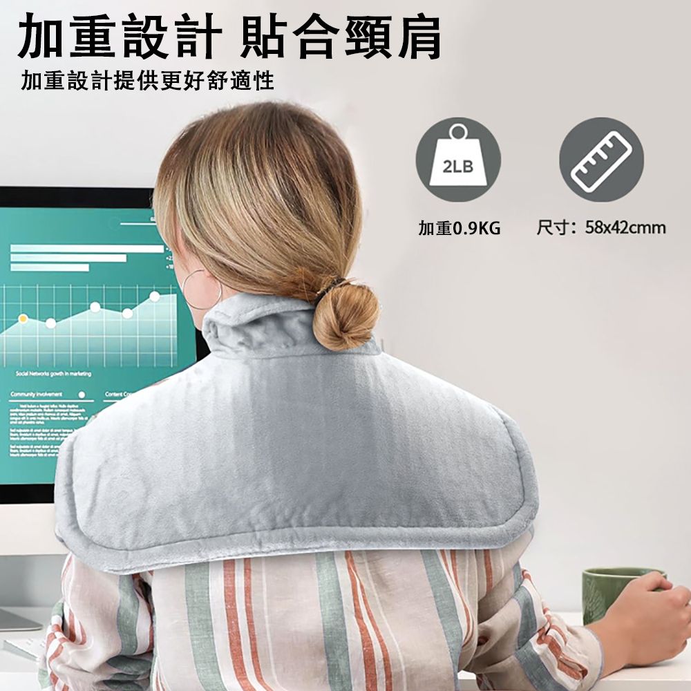 加重設計 貼合頸肩加重設計提供更好舒適性      2LB加重0.9KG尺寸:58x42cmm