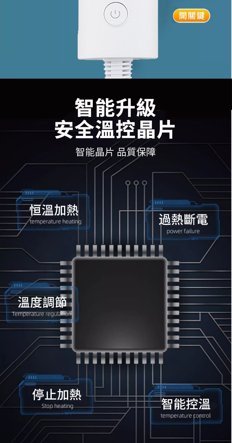 智能升級安全溫控晶片智能晶片 品質保障開關鍵恒溫加熱temperature heating過熱斷電溫度調節Temperature regulation停止加熱Stop heatingpower failure智能控溫temperature control