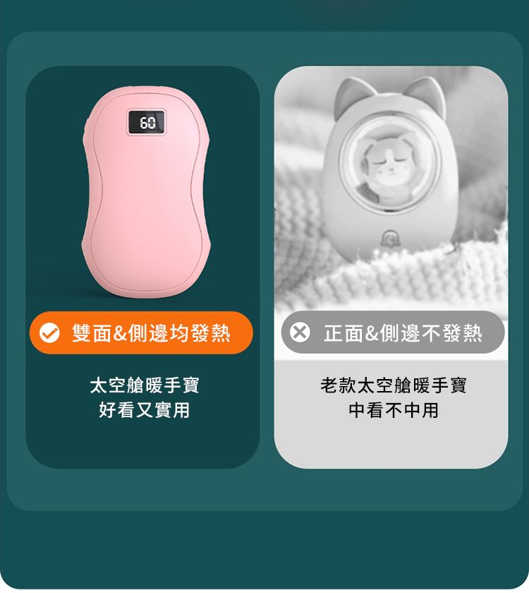 60雙面&側邊均發熱太空艙暖手寶好看又實用 正面&側邊不發熱老款太空艙暖手寶中看不中用