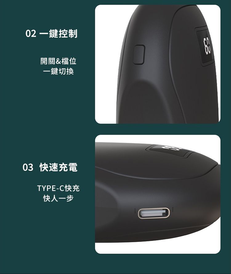 02 一鍵控制開關&檔位一鍵切換03 快速充電TYPE-C快充快人一步