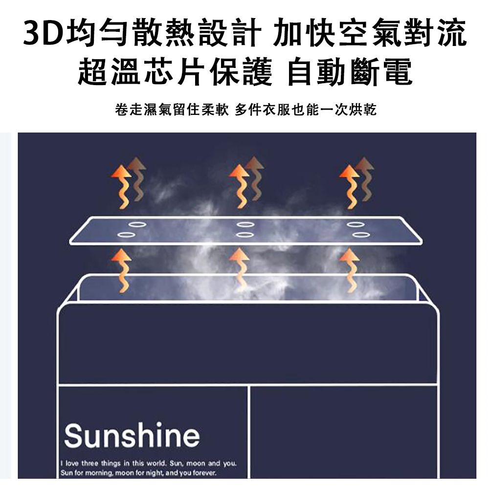 3D均勻散熱設計 加快空氣對流超溫芯片保護 自動斷電卷走濕氣留住柔軟 多件衣服也能一次烘乾00Sunshine love three things in this world Sun, moon and you. Sun for morning. moon for night, and you forever.