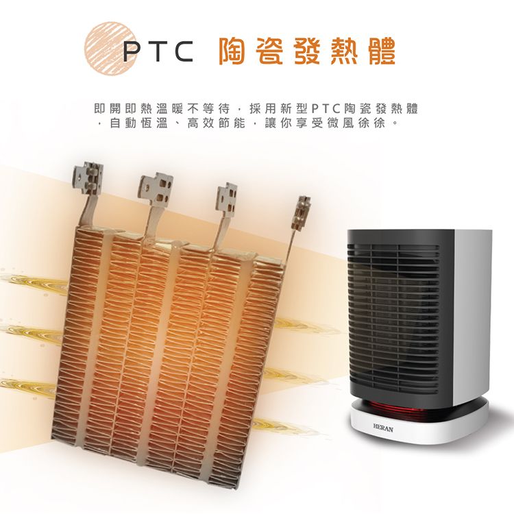 PTC 陶瓷發熱體即開即熱溫暖不等待,採用新型PTC陶瓷發熱體自動恆溫、高效節能,讓你享受微風徐徐