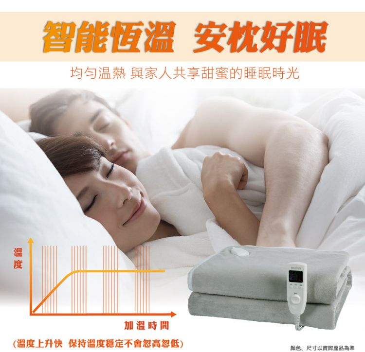 智能恆溫 安枕好眠温熱 與家人共享甜蜜的睡眠時光加溫時間(溫度上升快 保持溫度穩定不會忽高忽低)颜色、尺寸以實際產品為準