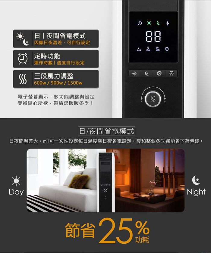 夜間省電模式因應日夜溫差可自行設定定時功能運作時數 | 溫度自行設定 三段風力調整600w/900w/1500w電子螢幕顯示多功能調整與設定變換隨心所欲,帶給您暖暖冬季!日/夜間省電模式日夜間溫差大,mill可一次性設定每日溫度與日夜省電設定,暖和整個冬季還能省下荷包錢。Day節省25Night
