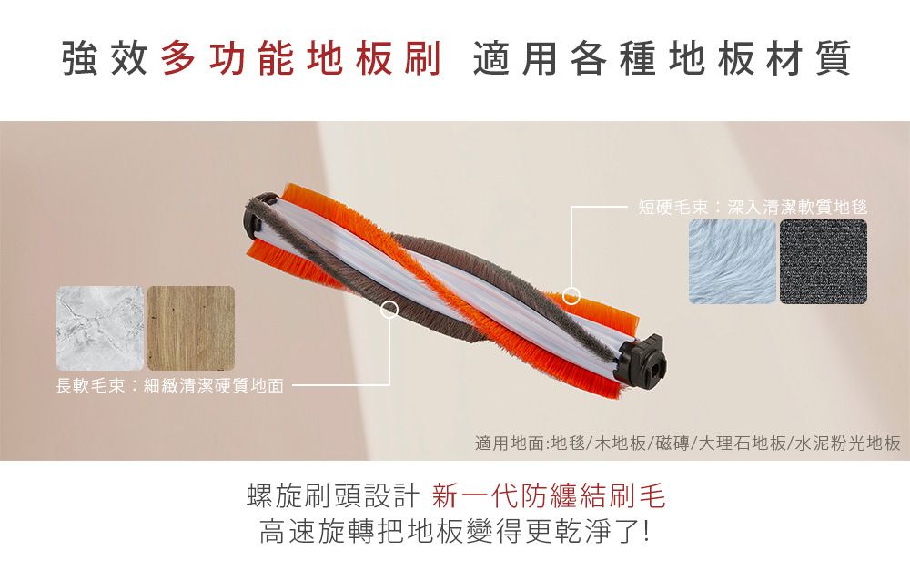 強效多功能地板刷 適用各種地板材質長軟毛束細緻清潔硬質地面短硬毛束:深入清潔軟質地毯適用地面:地毯/木地板/磁磚/大理石地板/水泥粉光地板螺旋刷頭設計 新一代防纏結刷毛高速旋轉把地板變得更乾淨了!