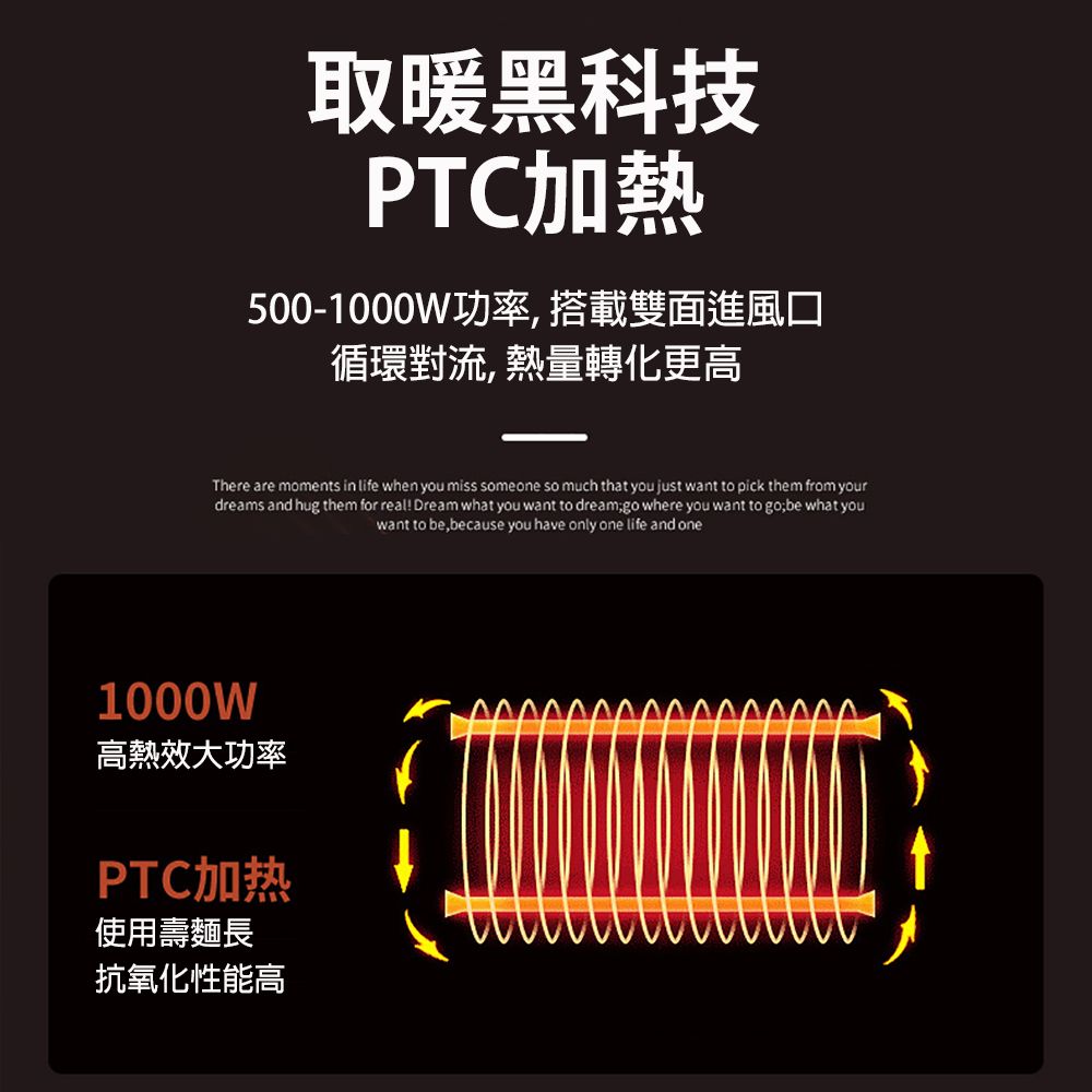 取暖黑科技PTC加熱500-1000W功率,搭載雙面進風口循環對流,熱量轉化更高There are moments in life when you miss someone so much that you just want to pick them from yourdreams and hug them for real! Dream what you want to dreamgo where you want to go;be what youwant to be, because you have only one life and one1000W高熱效大功率PTC加热使用壽麵長抗氧化性能高