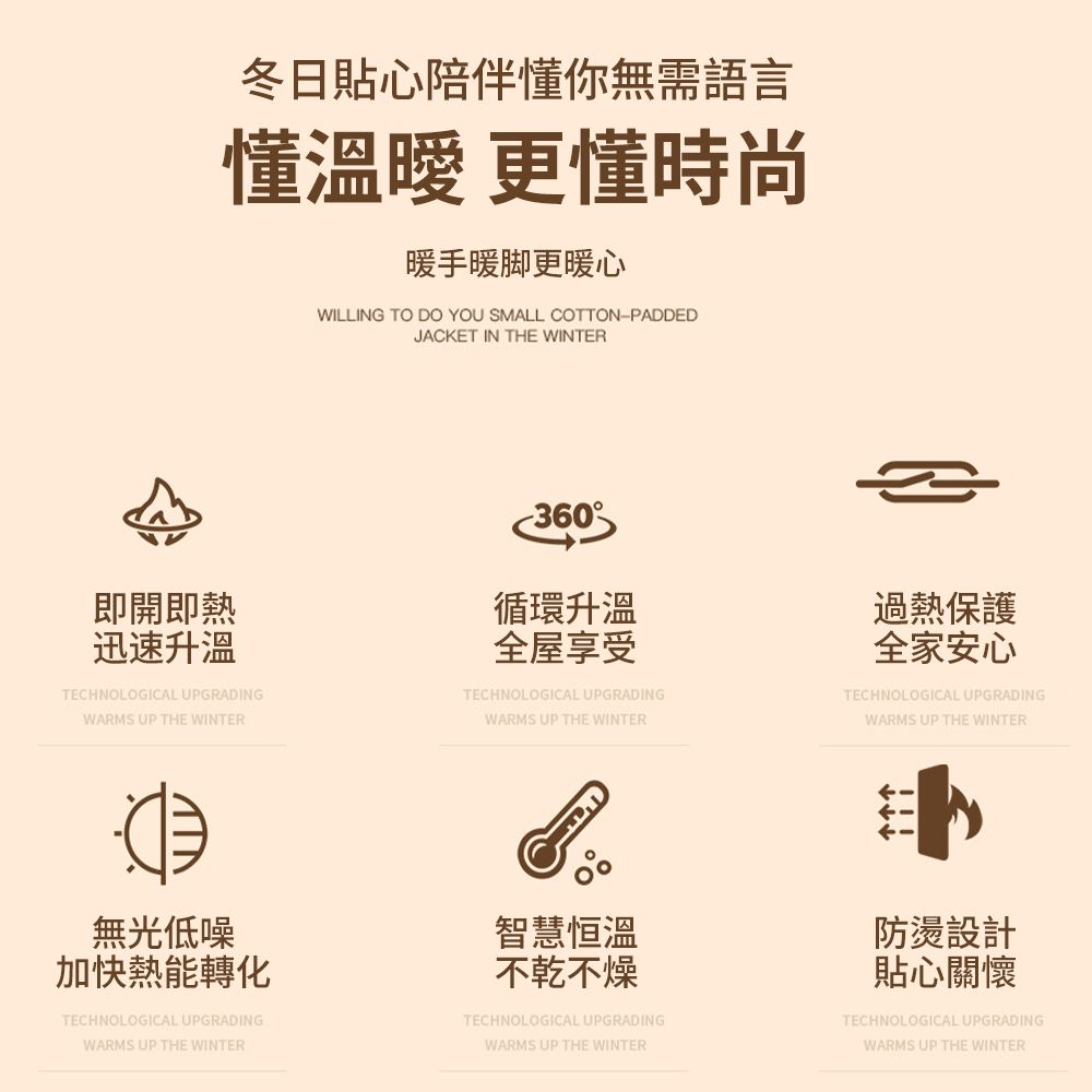 冬日貼心陪伴懂你無需語言懂 更懂時尚暖手暖脚更暖心WILLING TO DO YOU SMALL COTTON-PADDEDJACKET IN THE WINTER360即開即熱迅速升溫循環升溫過熱保護全屋享受TECHNOLOGICAL UPGRADINGWARMS UP THE WINTERTECHNOLOGICAL UPGRADINGWARMS UP THE WINTER全家安心TECHNOLOGICAL UPGRADINGWARMS UP THE WINTER無光低噪智慧恒溫加快熱能轉化不乾不燥TECHNOLOGICAL UPGRADINGWARMS UP THE WINTERTECHNOLOGICAL UPGRADINGWARMS UP THE WINTER防燙設計貼心關懷TECHNOLOGICAL UPGRADINGWARMS UP THE WINTER