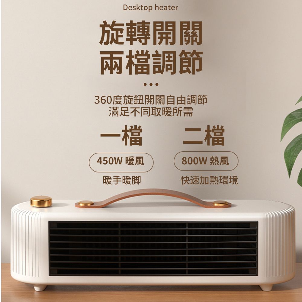 Desktop heater旋轉開關兩檔調節360度旋鈕開關自由調節滿足不同取暖所需一檔450W 暖風二檔800W 熱風暖手暖脚快速加熱環境